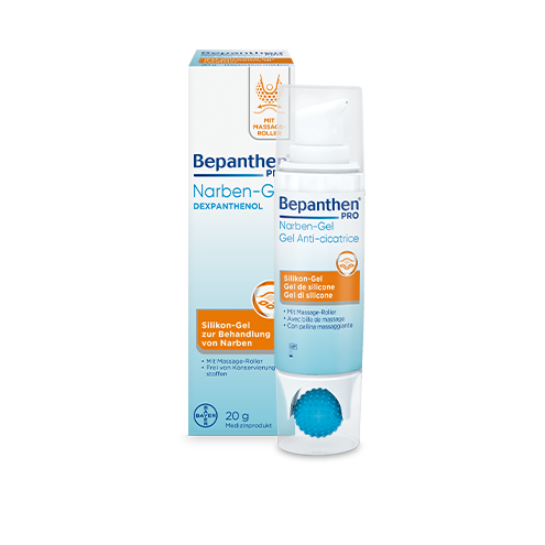 Bepanthen PRO Narben-Gel mit Massage-Roller zur Behandlung von Narben.