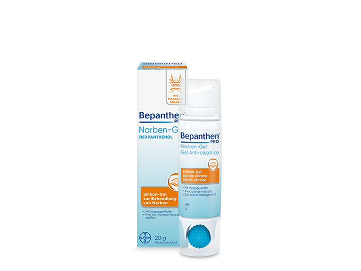 Bepanthen PRO Narben-Gel mit Massage-Roller zur Behandlung von Narben.