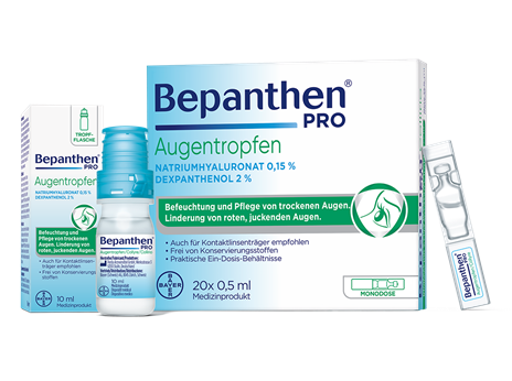 Bepanthen® PRO Augentropfen befeuchten, beruhigen und pflegen trockene und gereizte Augen - ohne Konservierungsmittel.